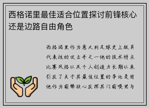 西格诺里最佳适合位置探讨前锋核心还是边路自由角色