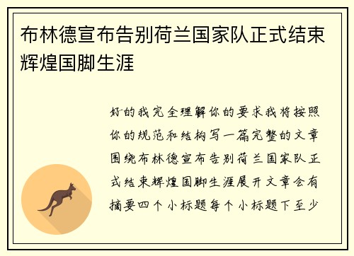布林德宣布告别荷兰国家队正式结束辉煌国脚生涯